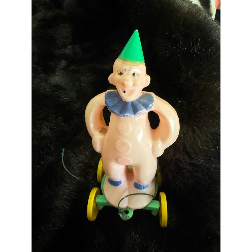 Vintage Rosbro Clown Pull Toy, 1950s Plastic Collectible